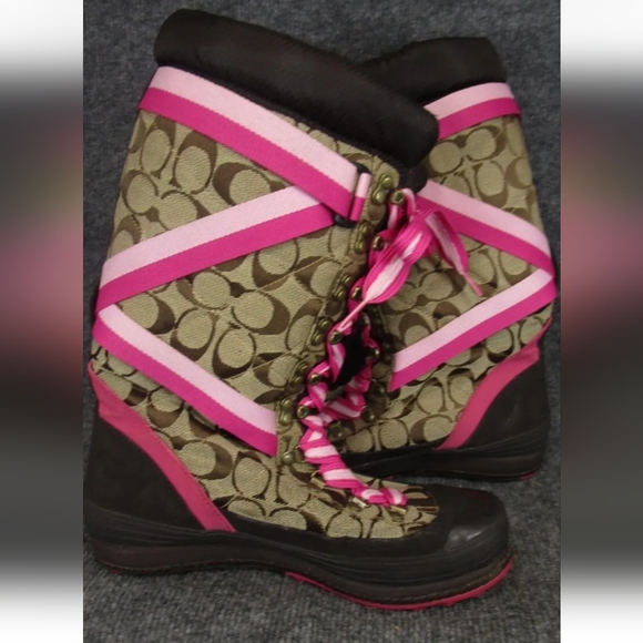 Coach Marian Signature Logo Khaki Rare Pink Trim Lace-Up Mid-Calf Snow Boot 9M - Picture 6 of 16